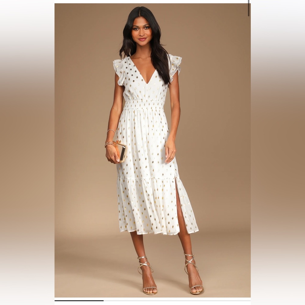 Elegant White and Gold Polka Dot Dress